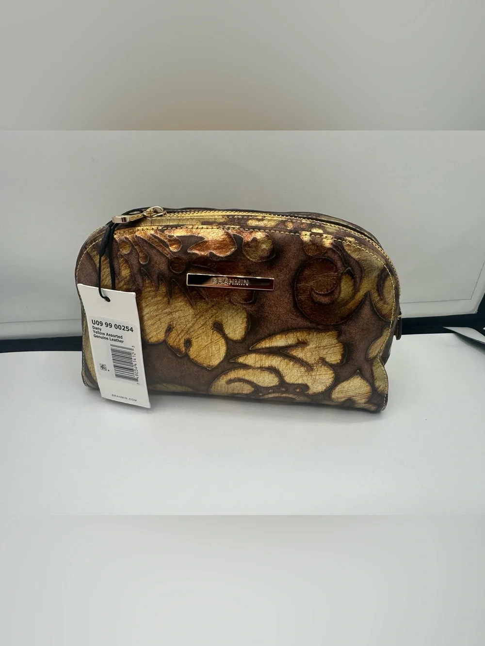 Brahmin Dany Gold and Brown Floral Embossed Leather Pouch